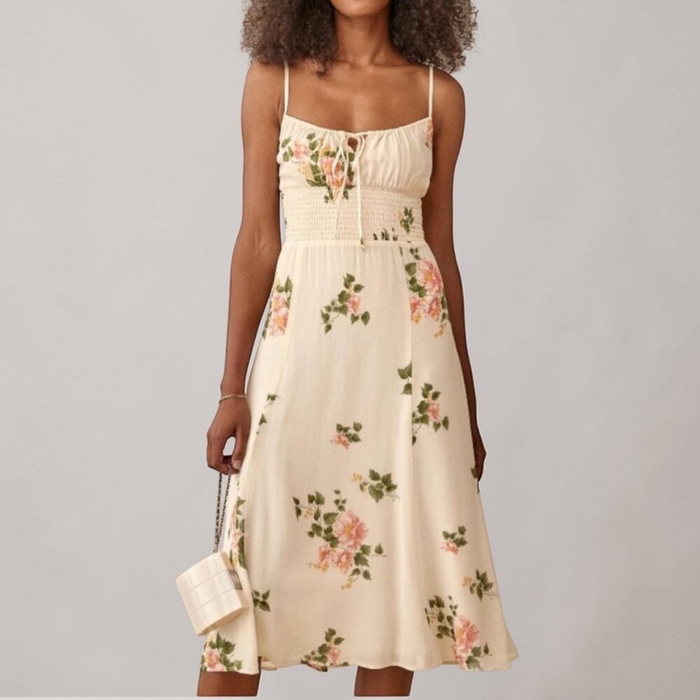Reformation Bran Dress Marcona Floral Midi Dress Size 4 Smocked Cottagecore - Picture 1 of 12